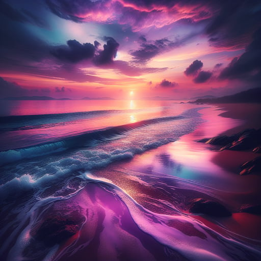Serene good morning image of a calm ocean at sunrise, with the sky ablaze in pink, purple, and orange hues reflecting on the sea.