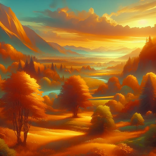 A serene landscape bathed in golden light on a peaceful autumn morning, a perfect good morning image