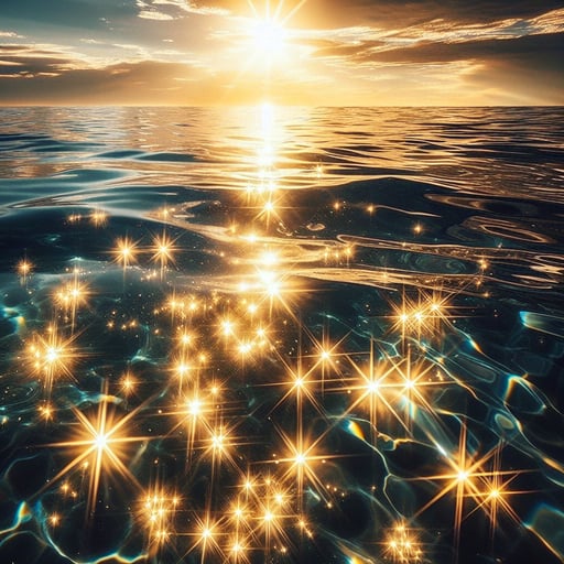 Spectacular good morning image of an ocean radiating with glistening lights from the sunrise, reflecting multiple radiant prisms in its clear serene waters.