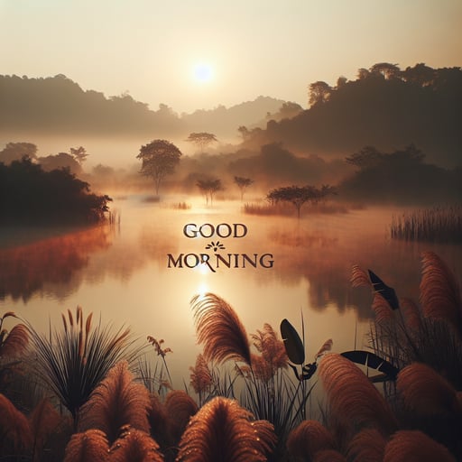 A serene and tranquil lake at dawn with mist lifting, embracing a new day with a warm golden sunrise and 'Good Morning' text overlay.