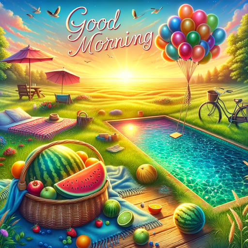 Early morning scene with summer balloons, an unoccupied swing, a glimmering pool, a picnic setup with fruits, and bike tracks in the dew, all saying good morning.