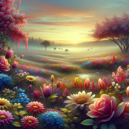 Tranquil morning landscape with a colorful carpet of flowers under a pastel sky, embodying peace and beauty in this good morning image.