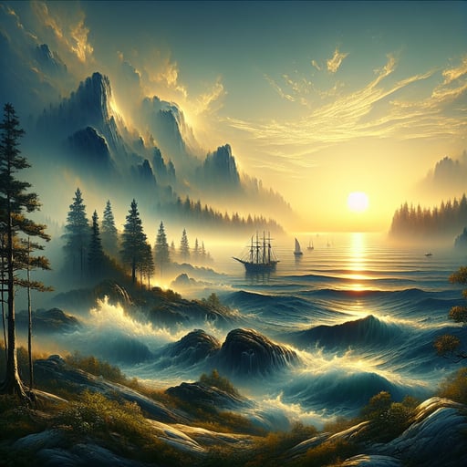 A serene good morning image of the vast ocean with gentle waves reflecting the rising sun's light, portraying tranquility.