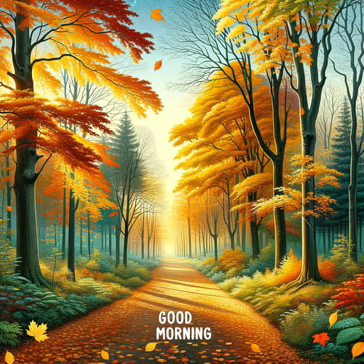 Tranquil autumn forest path at dawn with shedding leaves in vibrant hues whispering 'good morning' to the world.