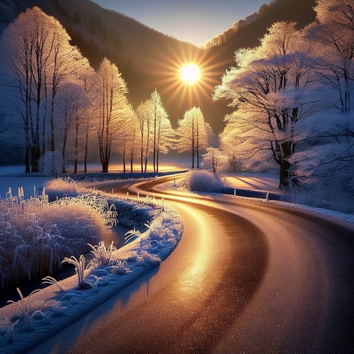A serene, frost-covered winter landscape illuminated by a gentle morning sun, creating a tranquil good morning image.