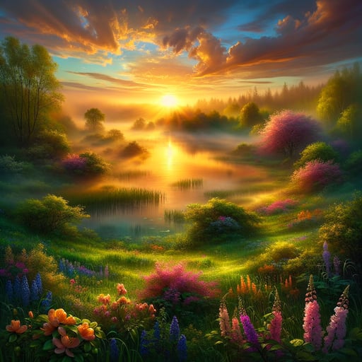 A serene good morning image of a vibrant spring sunrise over a misty lake with colorful blooms and lush greenery, evoking a sense of renewal and peace.