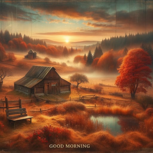 Rustic autumn morning landscape with vibrant reds, oranges, and yellows, peaceful pond, and wooden barn in the distance; a serene good morning image.