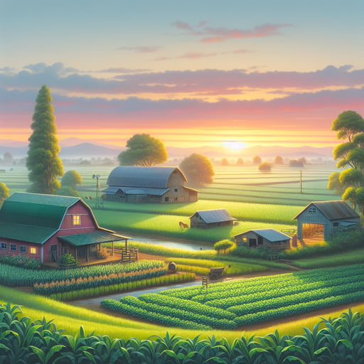 An early morning sun rising over a peaceful farm with lush greenery and quaint pastoral buildings.