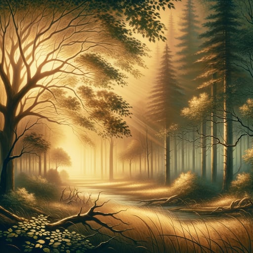 A peaceful good morning image of the sun illuminating a serene forest, showcasing trees and leaves gently swaying in the wind.