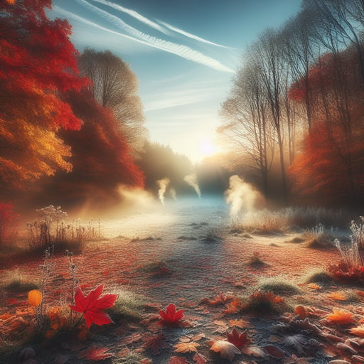 A serene autumn morning scene with frost, colorful leaves, and a clear sky - a perfect good morning image.