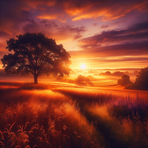 A peaceful morning scene with a serene field under the golden rays of a setting sun, depicting a tranquil summer evening as a good morning image.