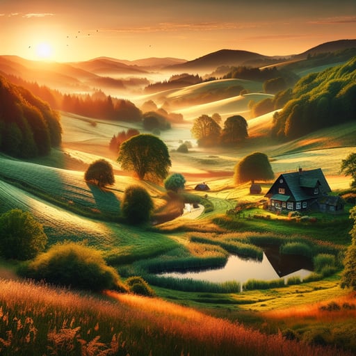 Tranquil countryside cottage at dawn, with gentle hills and a calm stream, embodying a serene good morning image