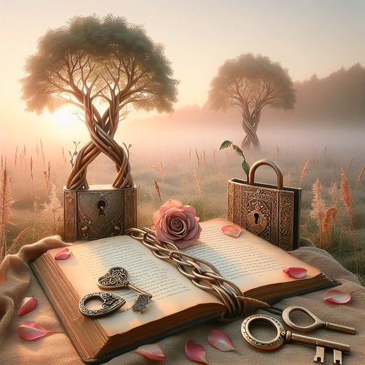 Tranquil morning scene with intertwined trees, a vintage lock with key, and an open poetry book with a rose petal, all in pastel shades.