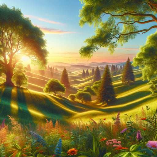 Serene summer morning with lush landscapes under a golden sun, devoid of any living beings - good morning image