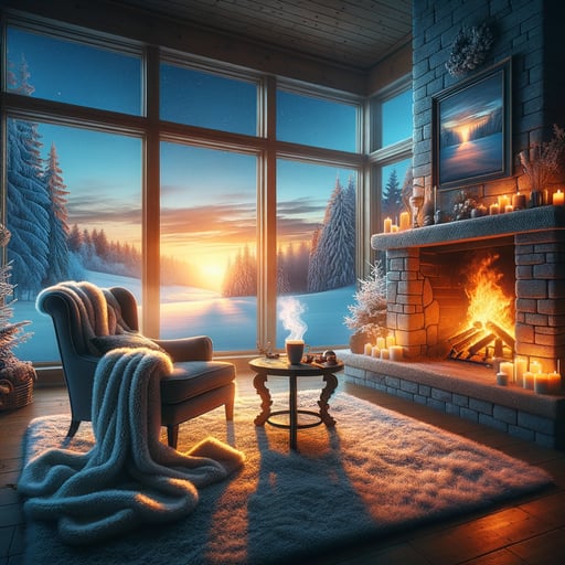 A serene winter morning with a glowing fireplace, cozy armchair, and steaming cocoa by the window, good morning image.