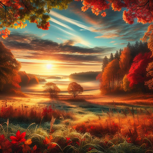 An enchanting autumn morning with a rich palette of orange, red, and golden leaves under a soft dawn sky, captioned 'Good Morning'.