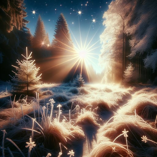 Sparkling frost and icescapes under a warming winter sun, depicting a serene and beautiful good morning image.