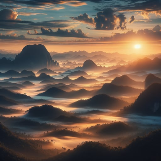 A serene good morning image depicting a tranquil mountain range with the sun rising and mist over valleys.