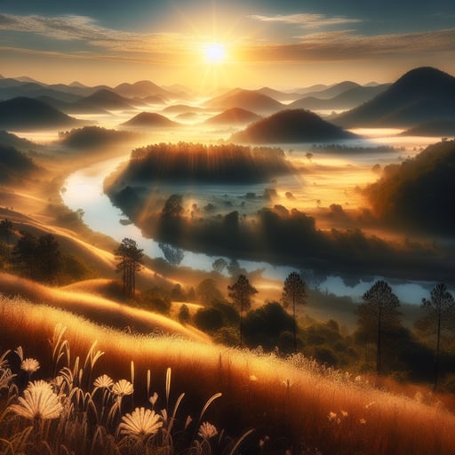Good morning image featuring alluring sunrise, resplendent forests, picturesque hills shimmering with morning dew, and a serene river reflecting the sun's promising light.
