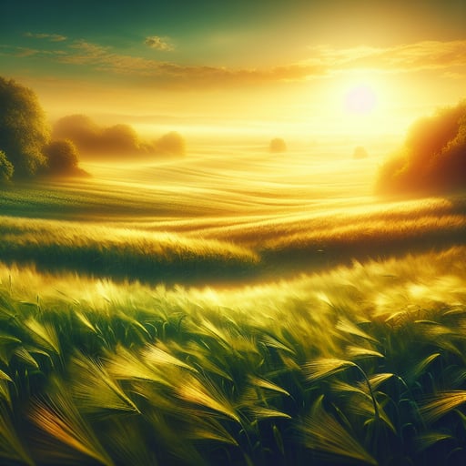 A serene good morning image showcasing the lush beauty of a quiet green meadow kissed by early sunlight.