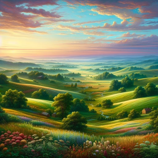 Early morning light brings to life the stunning panorama of green hills and wildflowers in a good morning image.