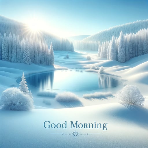 Serene winter landscape with hills, snow-covered trees, and a frozen pond on a clear blue sky morning - good morning image