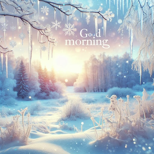 Enchanting winter morning scene with fresh snow, ice crystals on branches under soft sun rays, with 'Good Morning' text