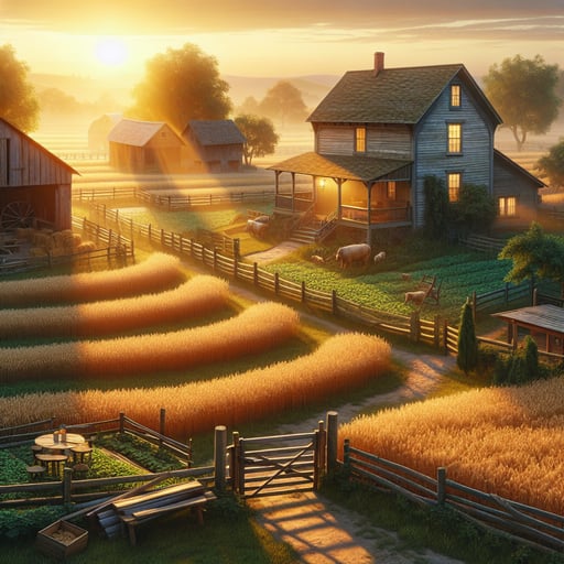 A tranquil and prosperous farm at sunrise, showcasing bountiful fields, a rustic barn, and a farmhouse, ready to welcome a day full of warmth and communal joy.