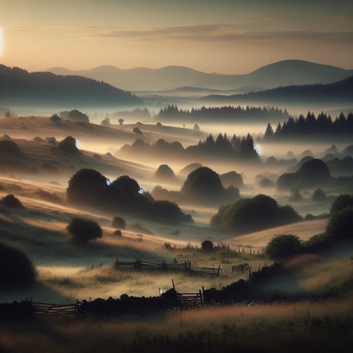 Tranquil countryside in the early morning, rolling hills and soft sunrise, a perfect good morning image.