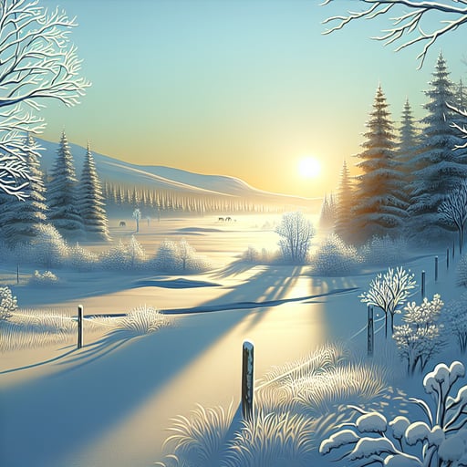 Pristine winter landscape at sunrise, featuring untouched snow fields under a soft, warm glow. A perfect good morning image.