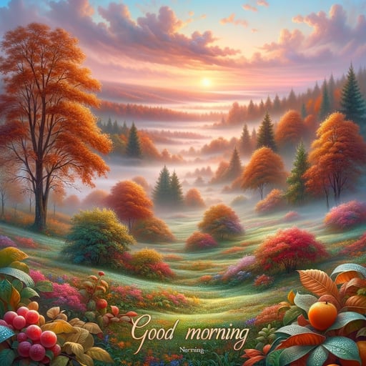 A serene autumn morning scene with sparkling dew, enchanting fog, and a heartfelt 'Good Morning' inscription.