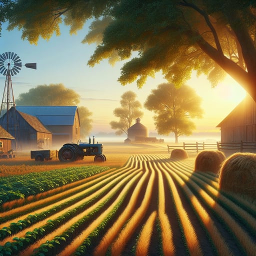 Tranquil farm scene in warm morning light, with crops, barn, windmill, and an old tractor; a perfect good morning image.