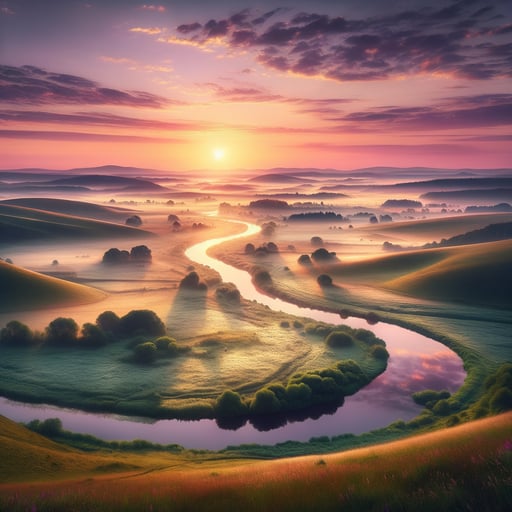 Serene morning in the countryside with rolling hills and a river, under a sky painted pink and purple for a perfect good morning image.