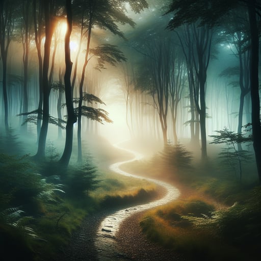 A tranquil and misty forest pathway unfolding into the morning, evoking a sense of peace and mystery, ideal for a good morning image.