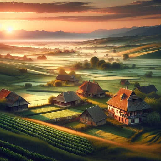 Serene morning over traditional farmhouses, with orange rooftops amid green lands, under a soft dawn glow. A perfect good morning image.