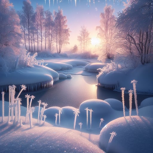 Tranquil winter morning scene with fresh snow, a frozen pond, and a beautifully lit sky indicating a good morning image