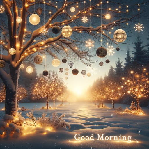 Early winter morning celebration with trees decorated in twinkling lights and the snow glowing under a dark dawn sky, inscribed with 'Good morning'.