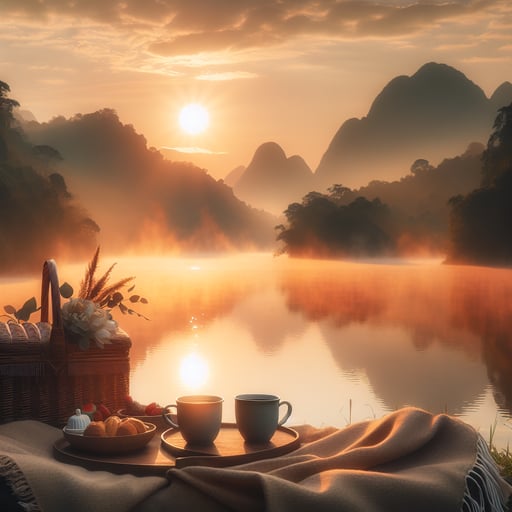 A peaceful morning scene with a sunrise over a picnic setup, two steaming mugs suggesting a couple’s presence, evoking romance and connection in a good morning image.