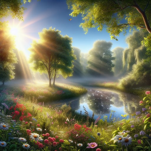 Blooming flowers, lush green trees, and the magical glitter of morning dew in a joyous summer morning scene as a good morning image.