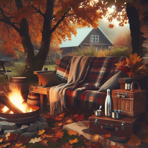 Good morning image capturing a serene morning, with a rustic bench, autumn trees, a picnic basket and a fire pit