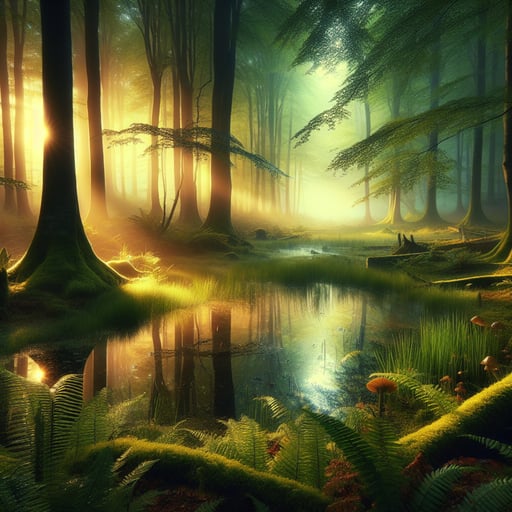 A good morning image featuring an early morning scene in an enchanted forest with glowing mushrooms and misty dew-laden ferns.