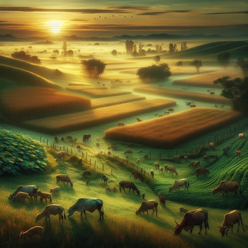 Tranquil countryside morning scene with imaginary creatures grazing and golden crops greeting the sun - a good morning image.
