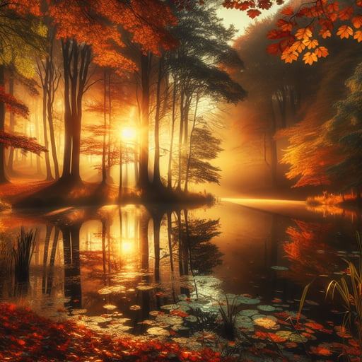 Crisp autumn morning with golden sunlight and colorful leaves falling gently around a serene lake, perfect good morning image.