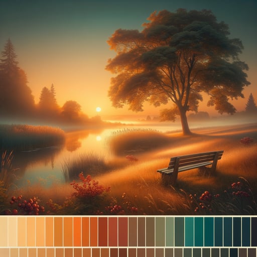 A serene morning scene with warm tones of a rising sun, an empty park bench, and a tranquil lake with 'Good Morning' in the sky.