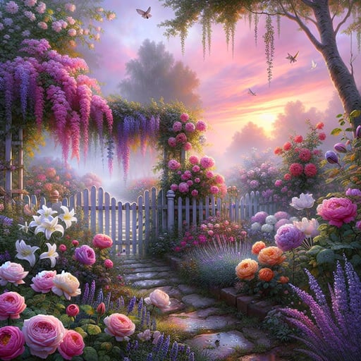 Calming sunrise with pink, purple, and orange skies over a garden of roses, lilies, and honeysuckles, embodying a fresh, good morning image.