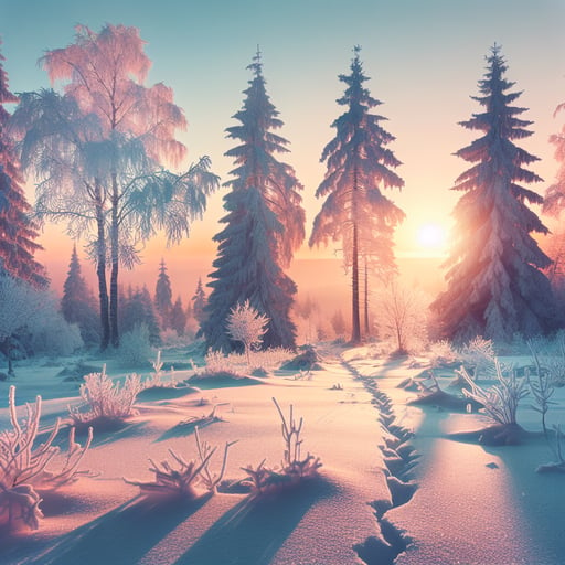 A peaceful winter morning with fresh snow, tall frosty pine trees, and the first rays of the sun casting a soft pink and orange glow - good morning image.