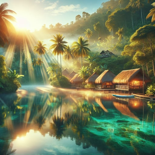 Thatched huts under palm trees by a crystal blue lagoon at sunrise, reflecting vibrant jungle foliage - good morning image.