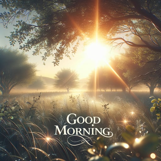 Serene summer morning landscape with sun rays piercing through the trees, reflecting on dewy grass with a 'Good morning' inscription.