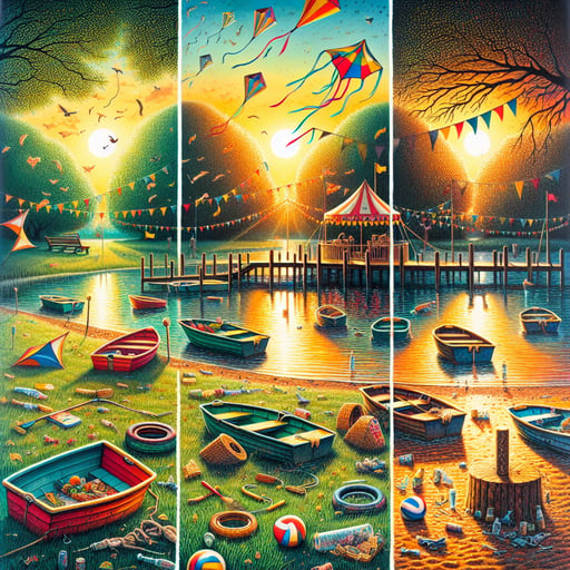 Golden sunrise over a lake with colorful rowboats on a jetty, an empty park with swings and kites in trees, good morning image.
