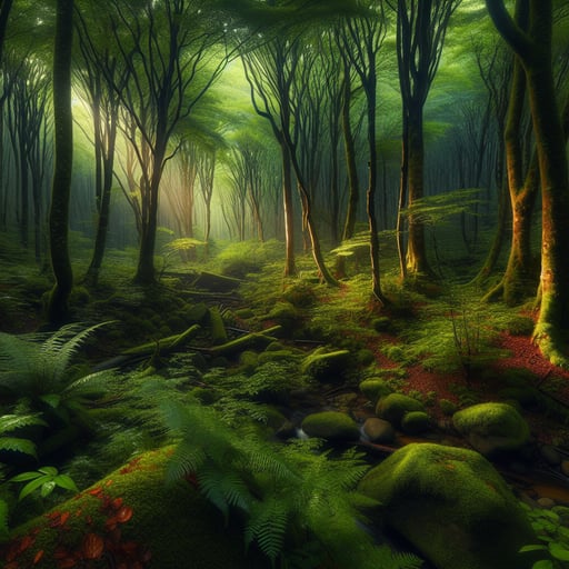 A good morning image depicting a tranquil and lush forest, replete with vibrant colors and a sense of peacefulness.